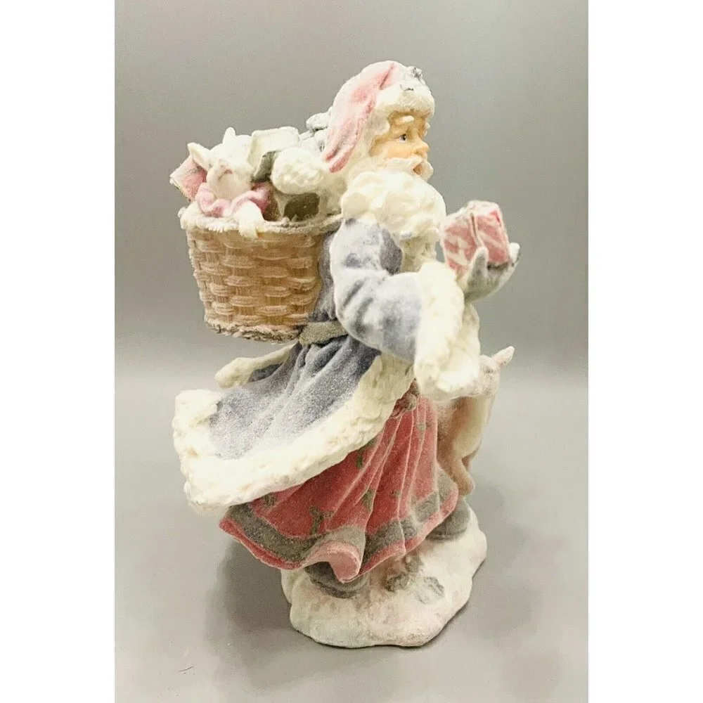 Vintage Flocked Woodland Santa Figurine 8” Toy Bag Frosted Three Hands Corp